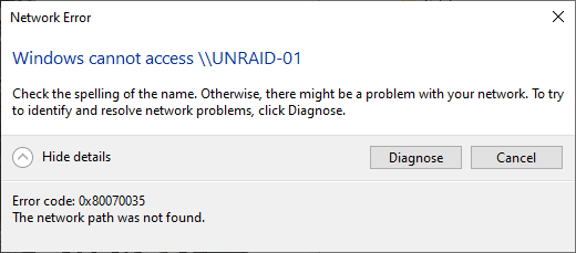 underviser offentliggøre Tørke Windows 10 Explorer 'Windows cannot access \\UNRAID-01' (SMB v1 Enabled) -  General Support - Unraid